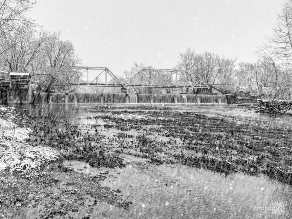 Snowfall Over Ozark Finley River Bridge Grayscale