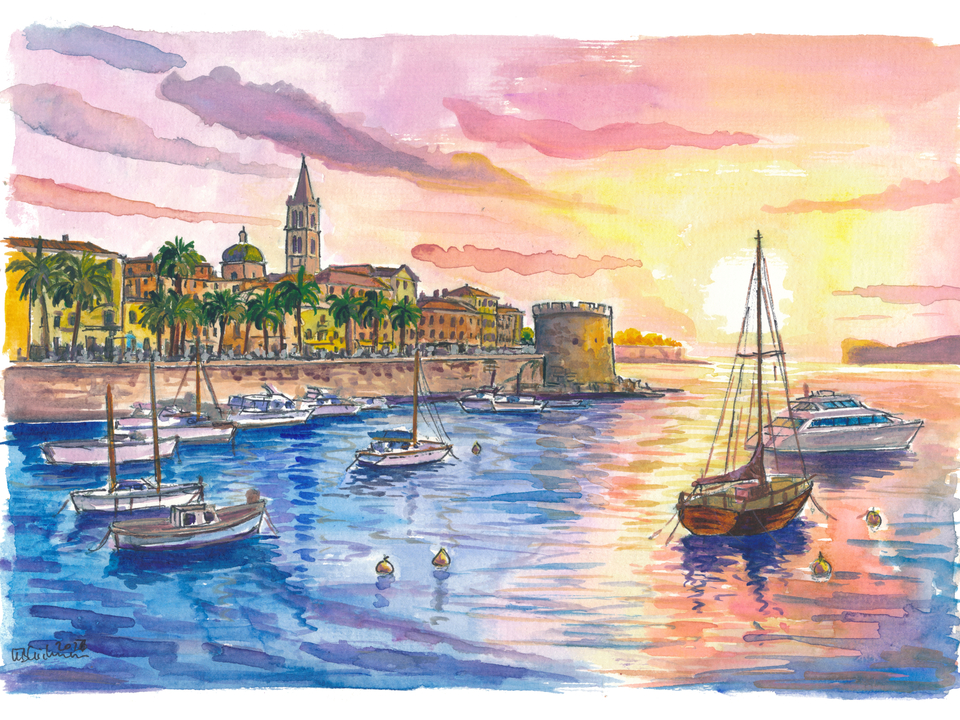 Alghero Port View Painting with Historic City Walls