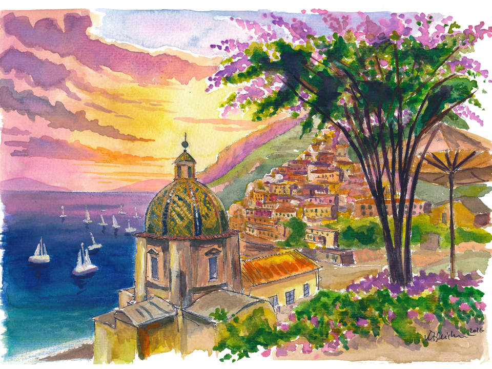 Positano Amalfi Sunset Travel Art with Coast