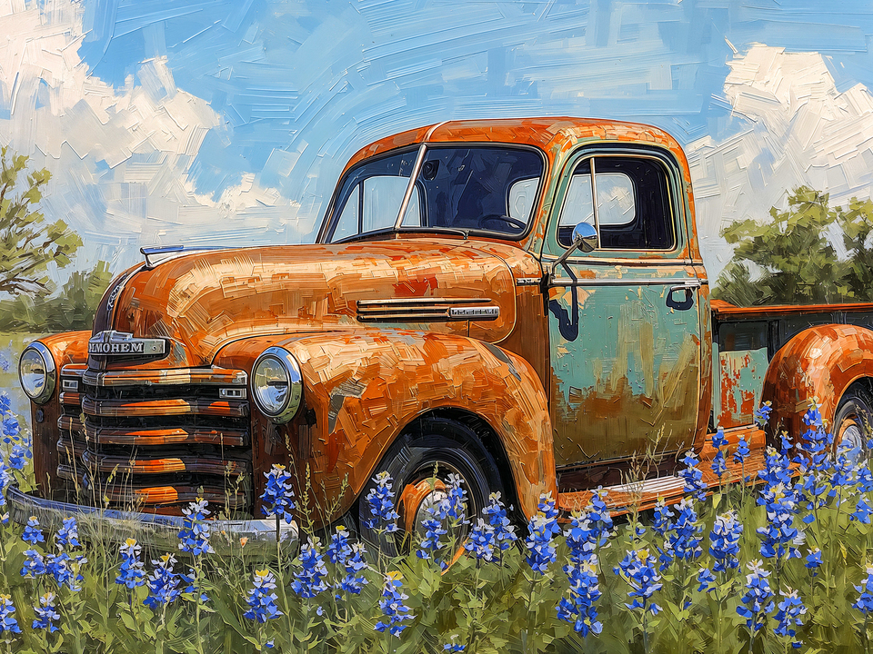 Rustic Vintage Truck Among Bluebonnets