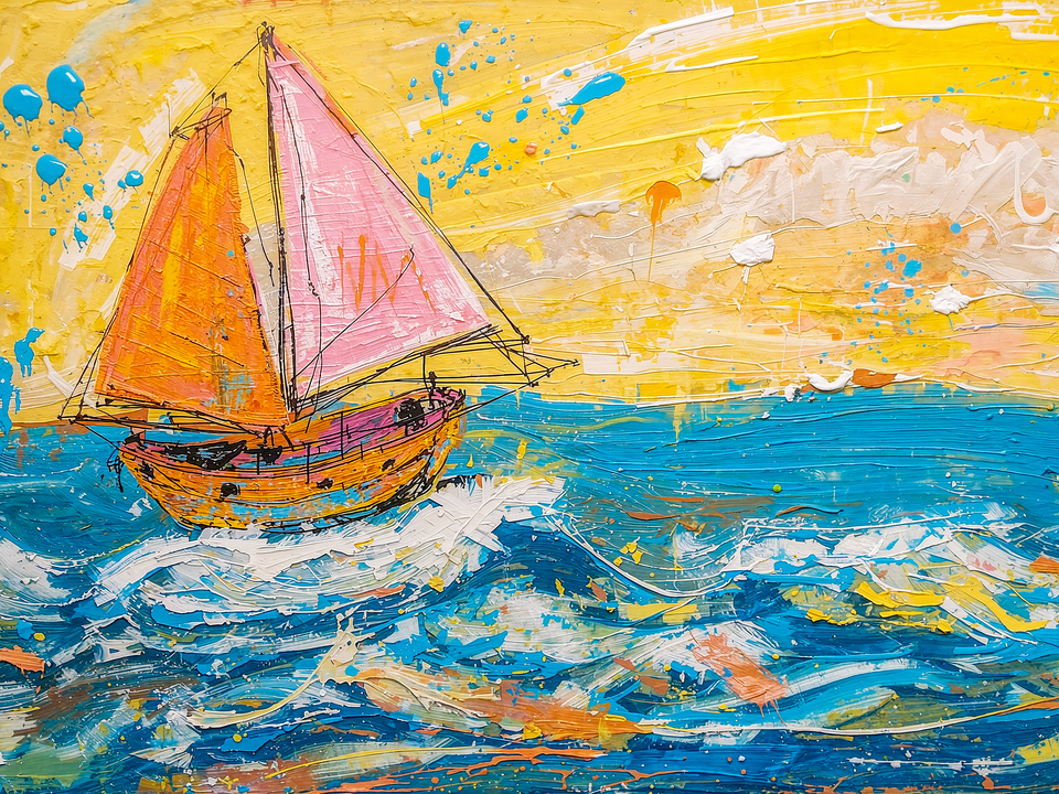 Sailboat on Vibrant Ocean Waves - Expressionist
