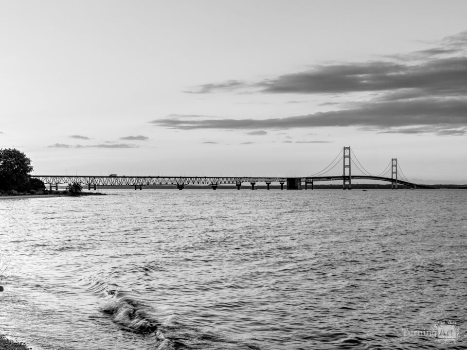 Blue Hour Begins Over Mackinac Bridge Grayscale