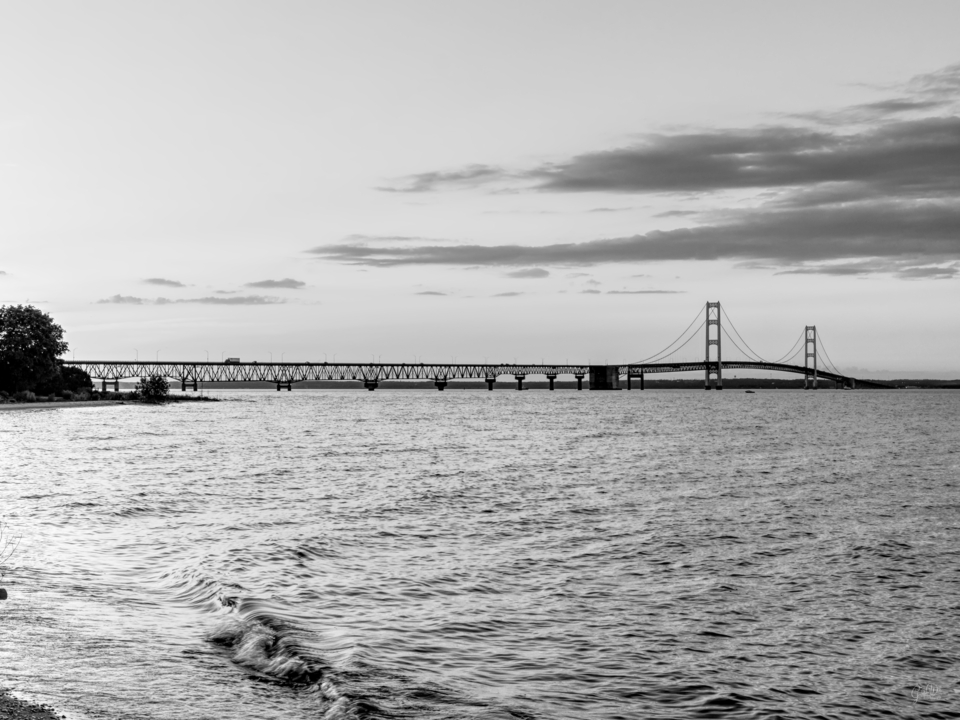 Blue Hour Begins Over Mackinac Bridge Grayscale