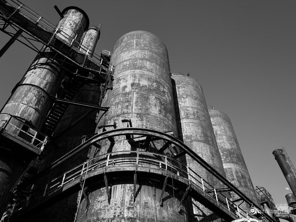 Rusting tanks and gangways in Black and White