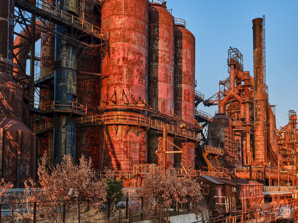 Part of the Bethlehem Steel works bathed in light