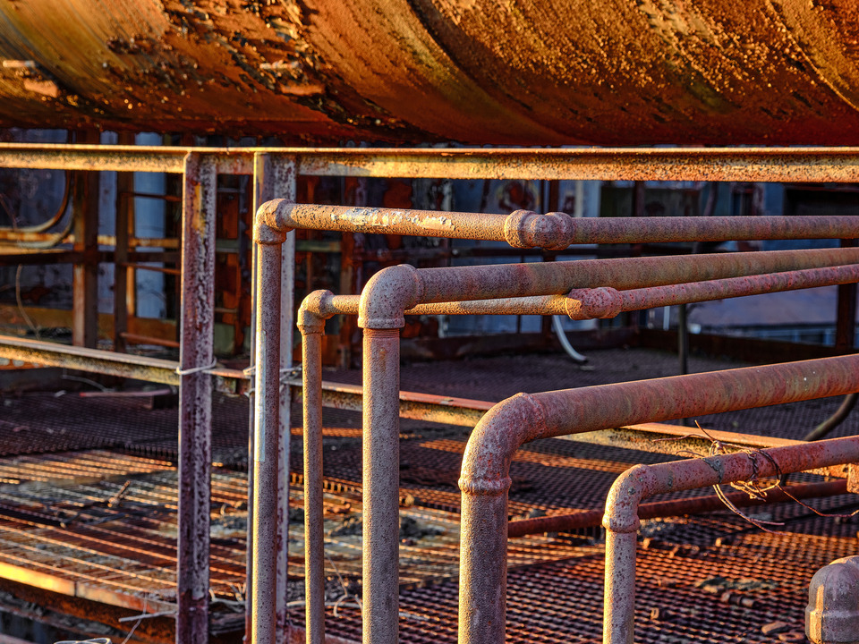 Pipes, conduit and elbows at dusk, Bethlehem Steel