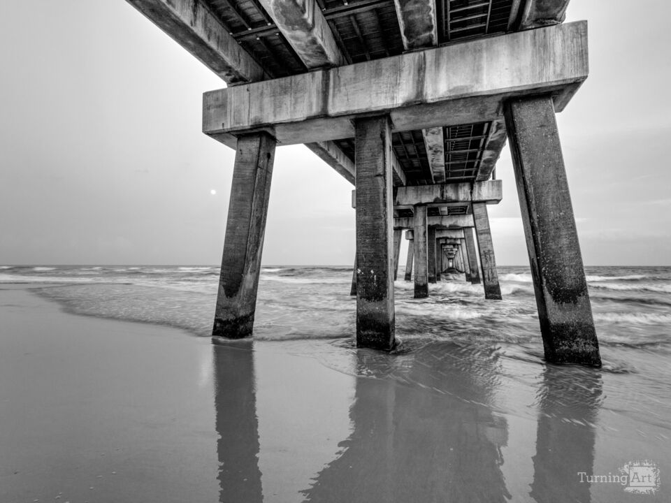 Moon By Gulf Shores Pier Grayscale