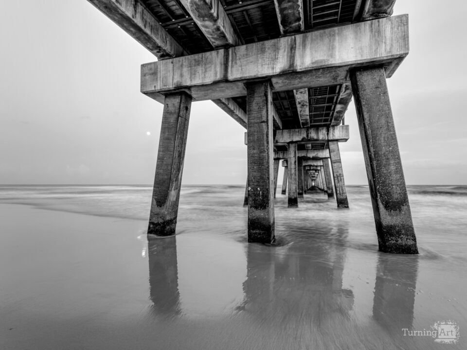 Blue Hour Moonlight Gulf Shores Pier Grayscale