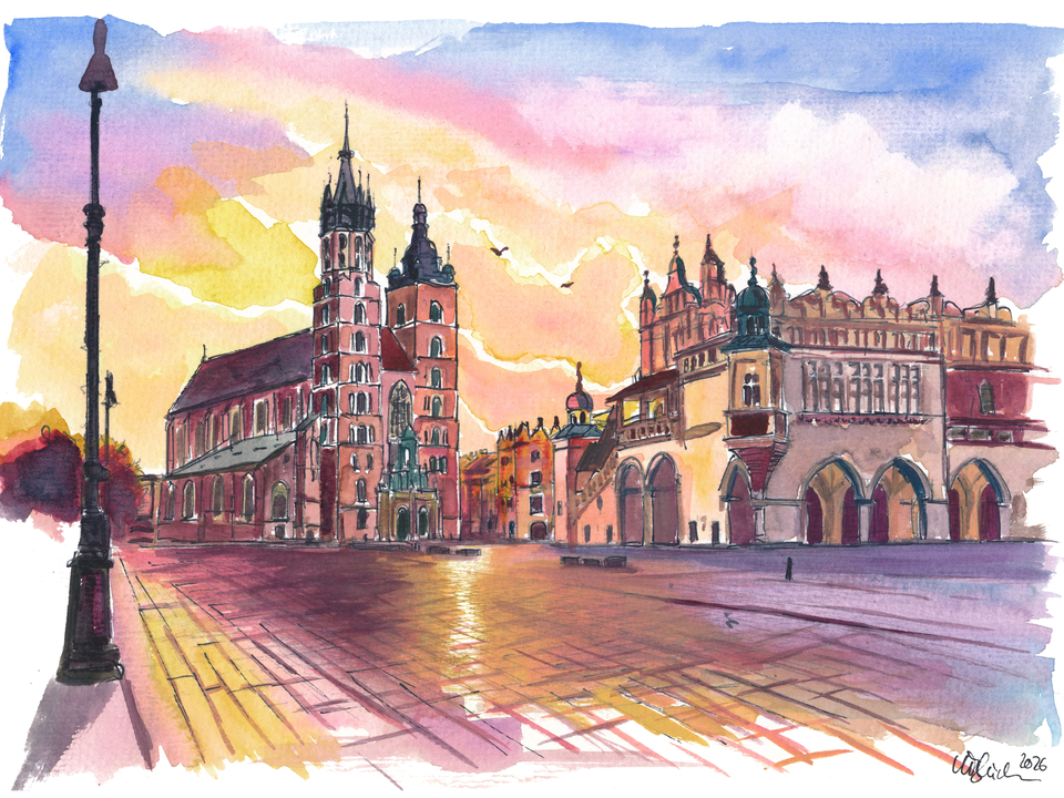 Krakow Main Square Travel Art St Marys Basilica