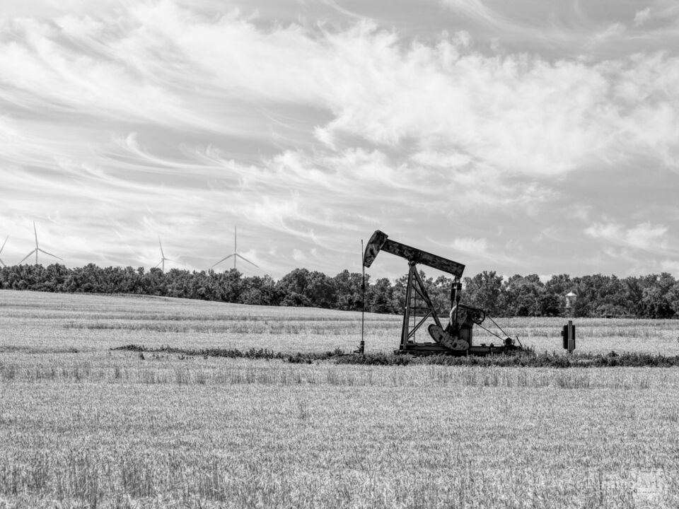 Oil Pumpjack Kansas Farm Grayscale