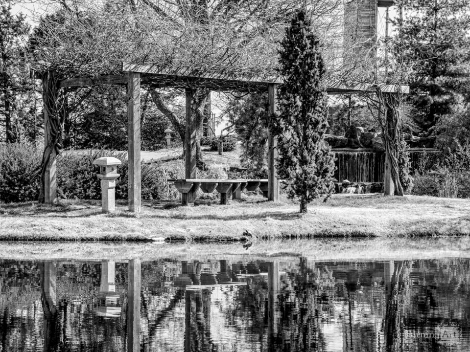 Tranquility At The Garden Arbor Pond Grayscale