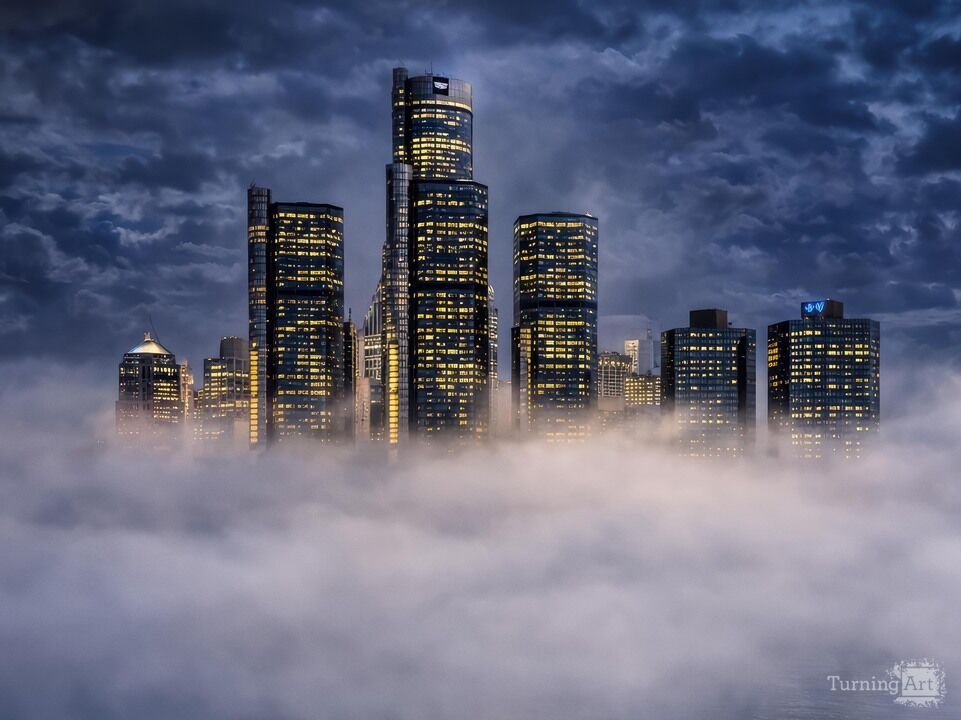 Detroit Skyline Rising Above the Fog