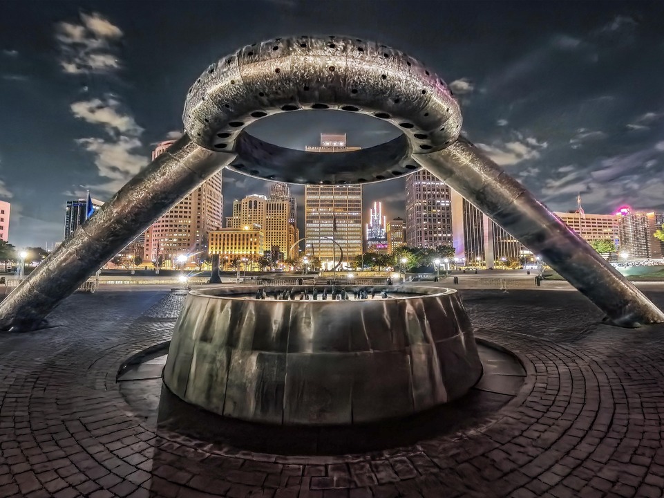 Hart Plaza Fountain and Detroit Skyline at Night