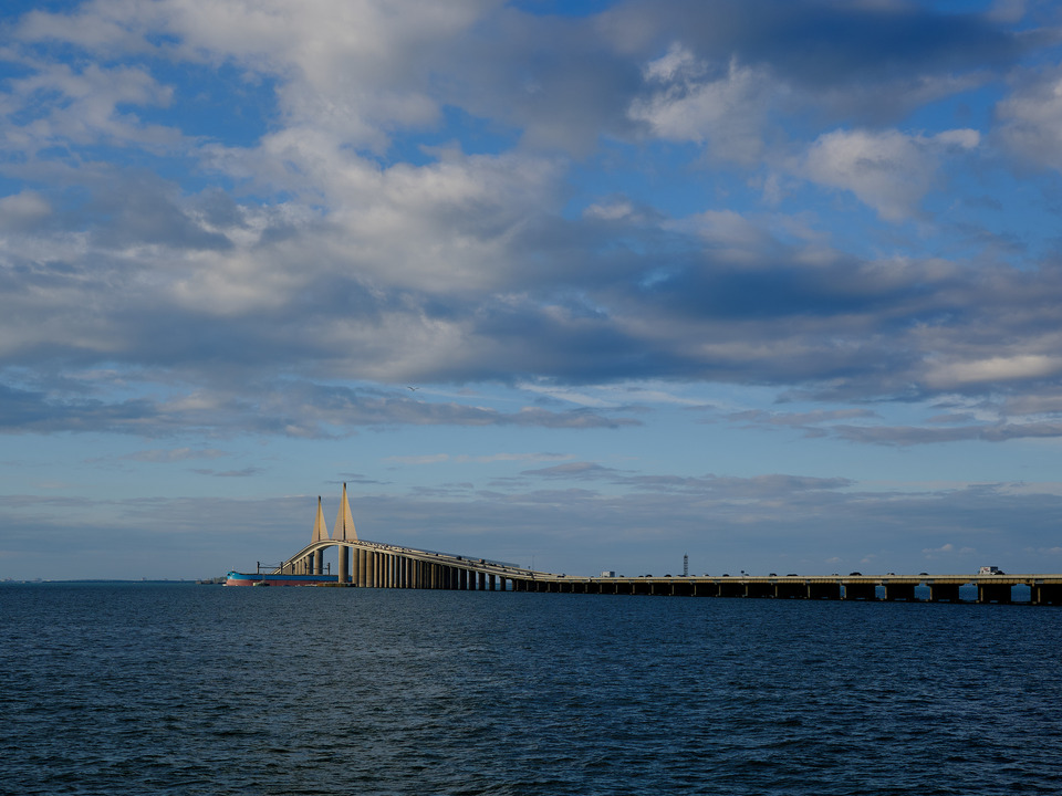 Evening Light and Freighter Sunshine Skyway Bridge