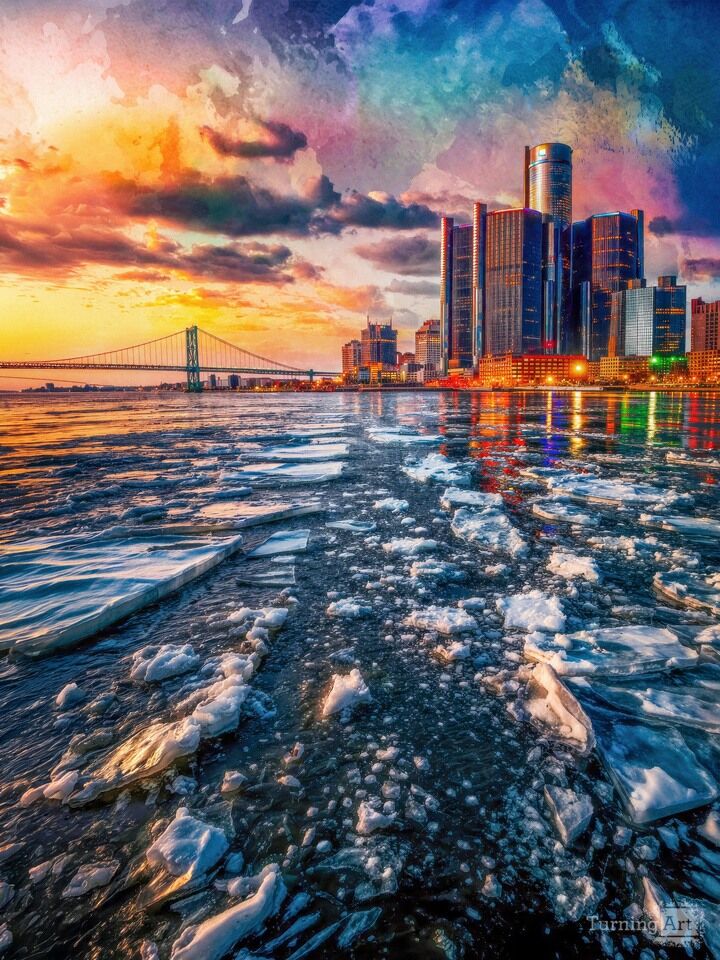 Colorful Detroit River Ice and Ren Cen Skyline 