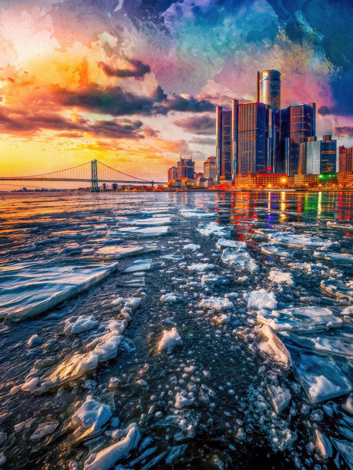 Colorful Detroit River Ice and Ren Cen Skyline 