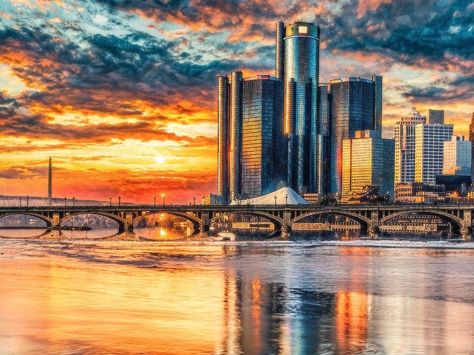 Detroit Skyline Panorama with Belle Isle Bridge