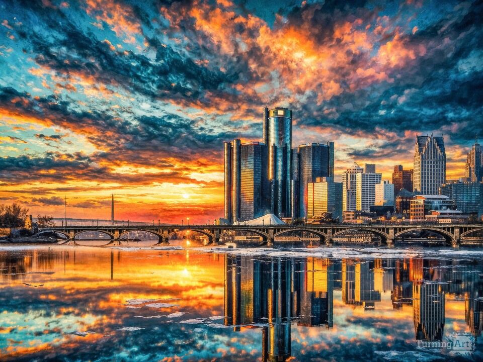 Detroit Skyline Reflection Over Belle Isle Bridge