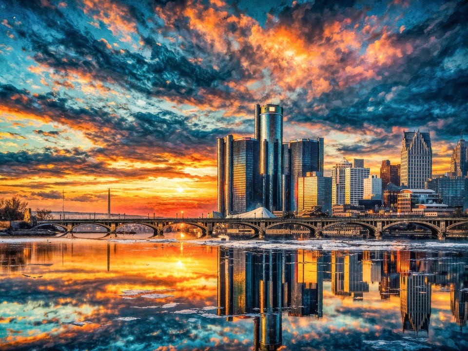 Detroit Skyline Reflection Over Belle Isle Bridge