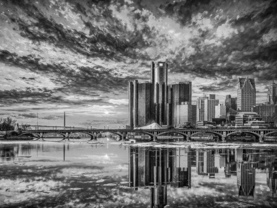 Detroit River Skyline / Ren Cen in Black & White