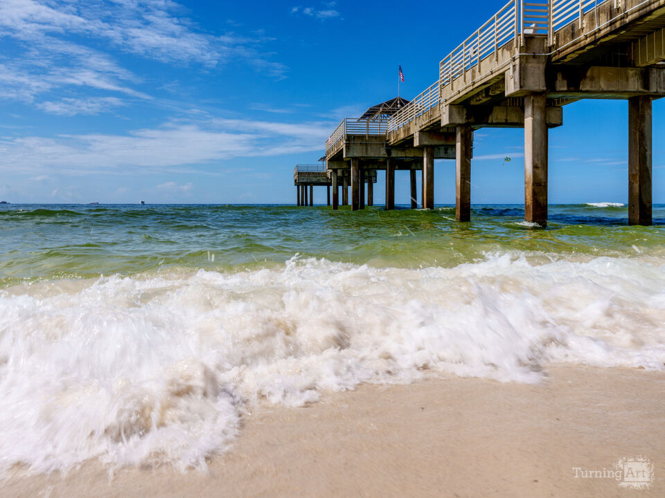 Splashing Waves Blurred Orange Beach Pier