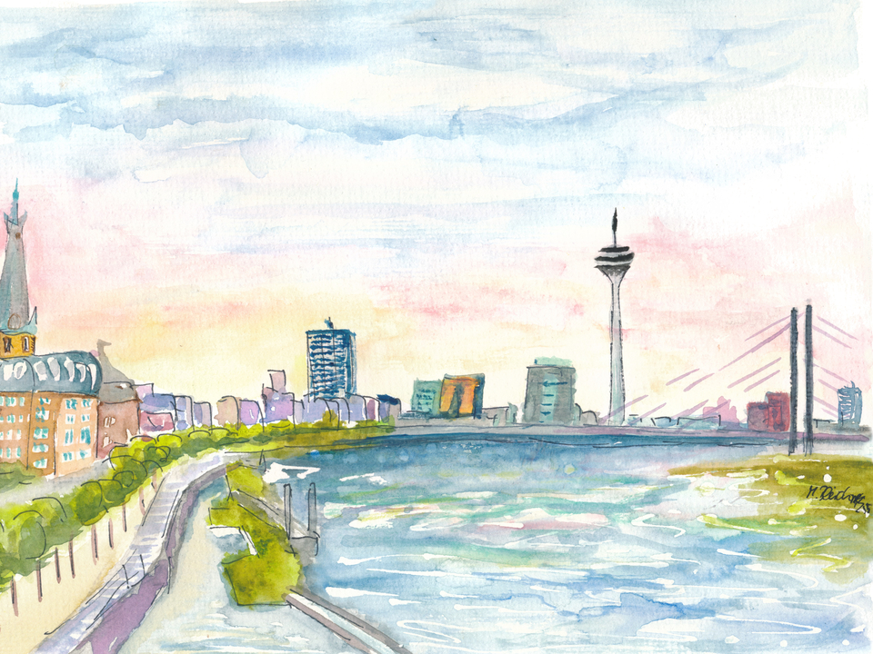 Düsseldorf Impressionistic Skyline at Sunset