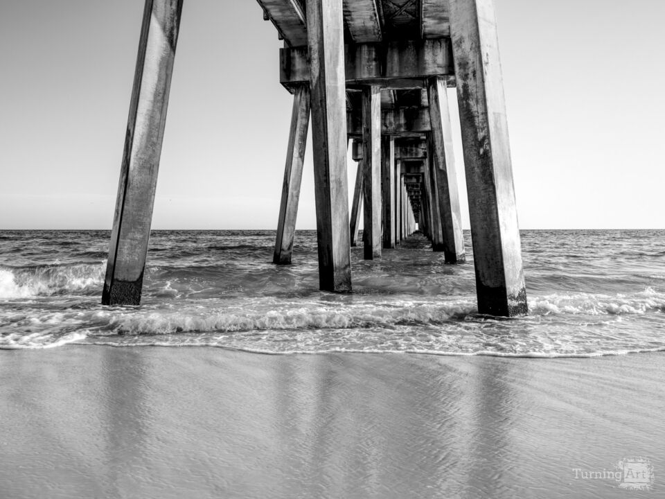 MB Miller Pier Reflection On Wet Sand Grayscale
