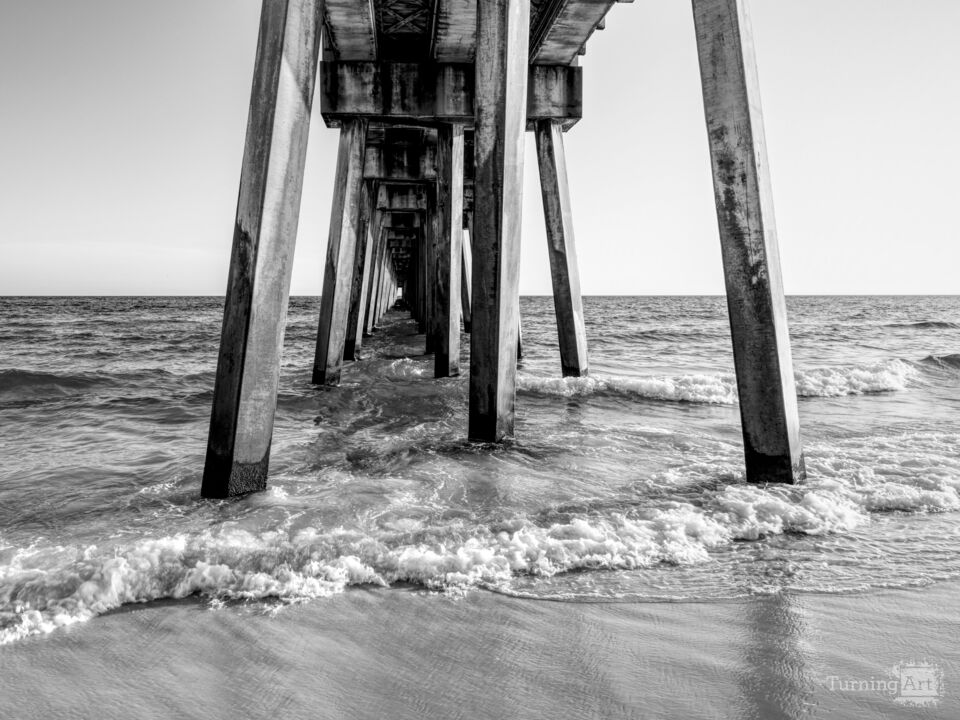 Evening Waves Under MB Miller Pier Grayscale