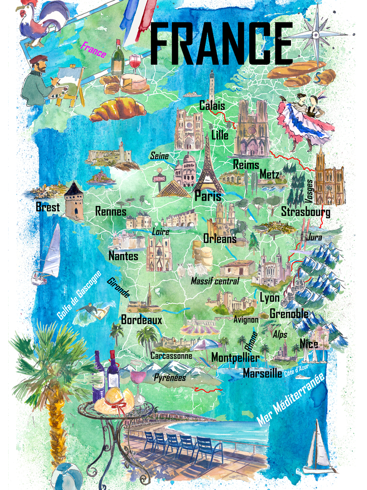 France Illustrated Map – Travel Memory Print
