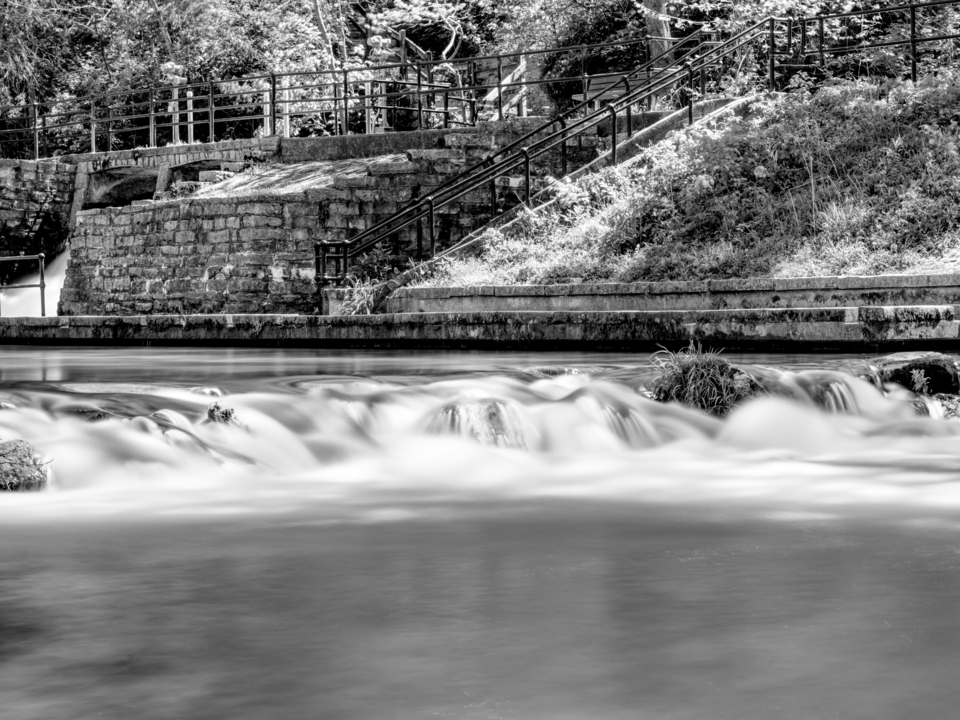 Roaring River Waterfalls And Stairs Grayscale
