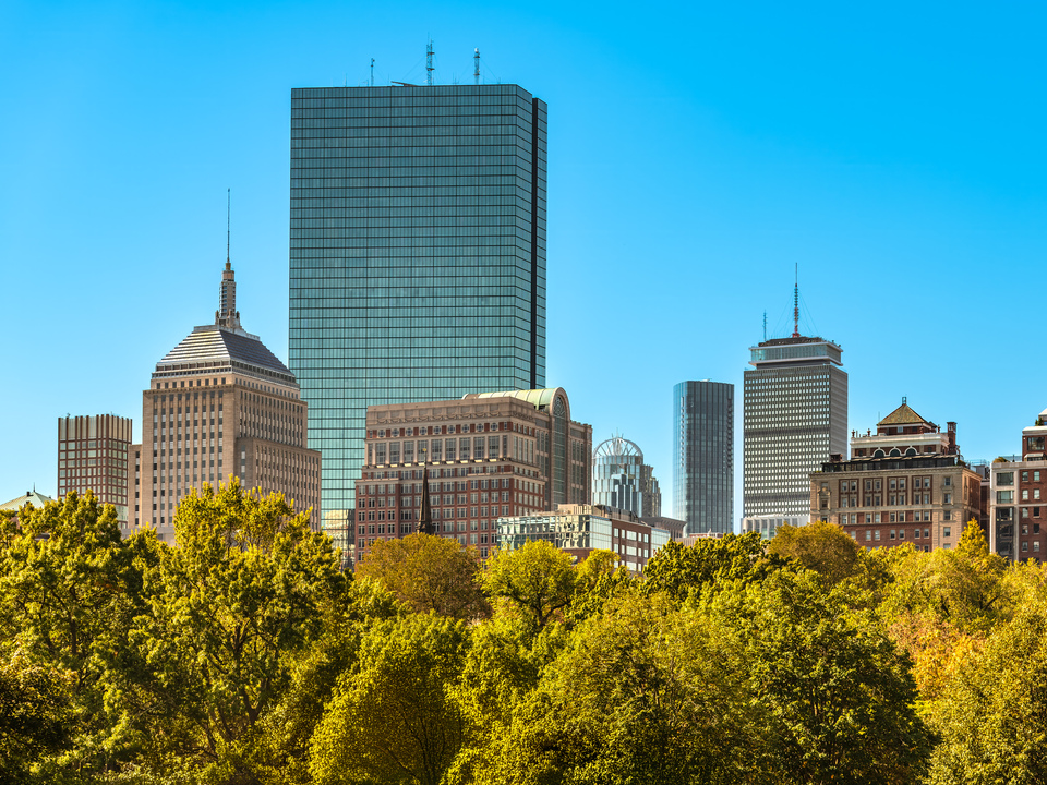 Boston skyline seen from a Boston Common park.