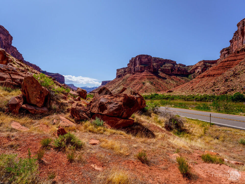 La Sal Mountains Through Desert Boulders