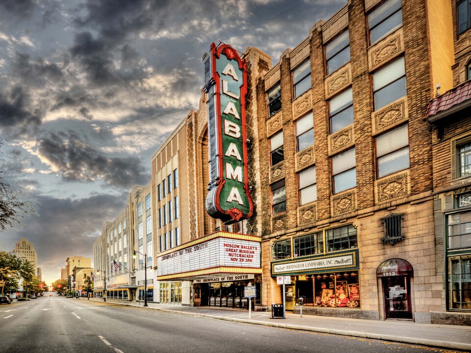Birmingham Alabama Theatre Under Dramatic Skies
