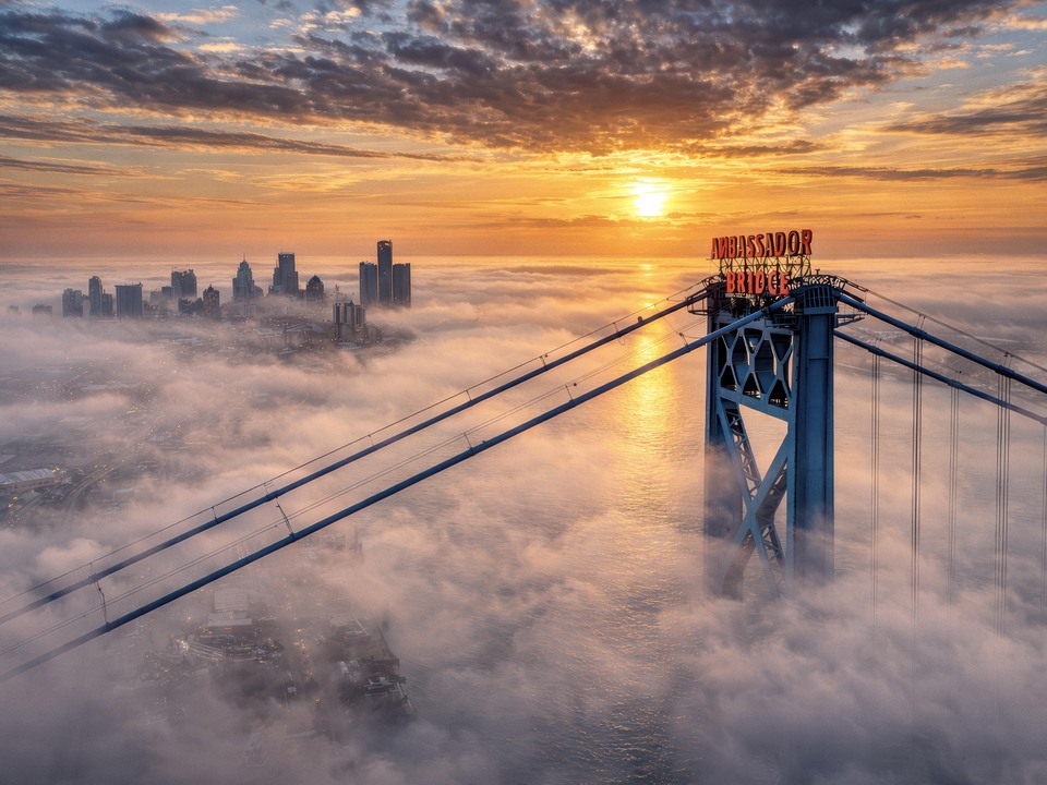 Ambassador Bridge Golden Sunrise Over Detroit