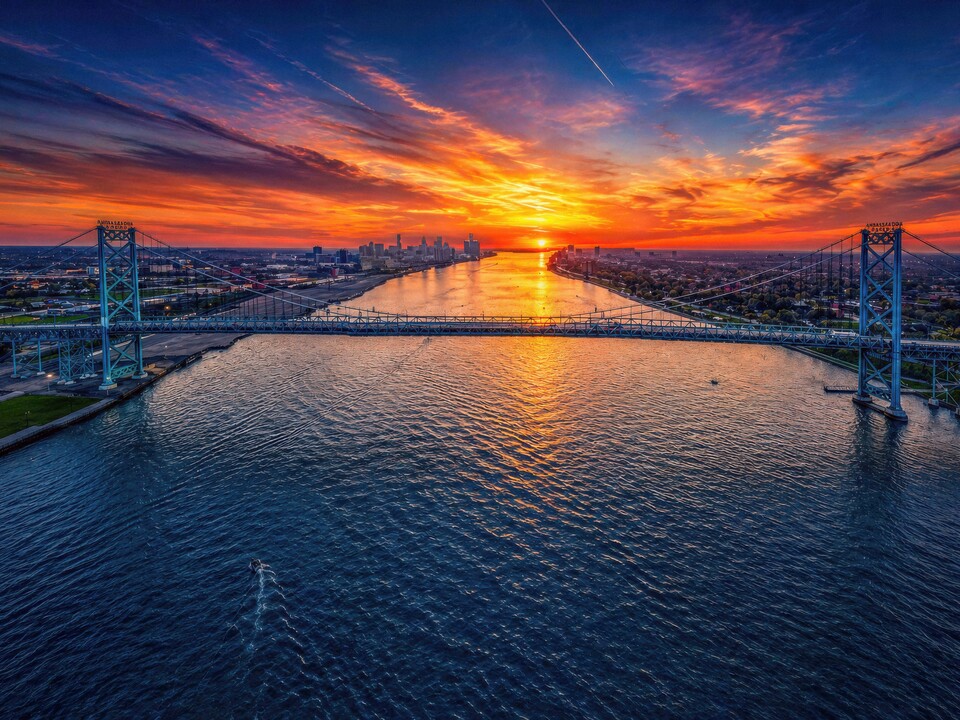 Detroit Skyline Burning Sunrise, Ambassador Bridge