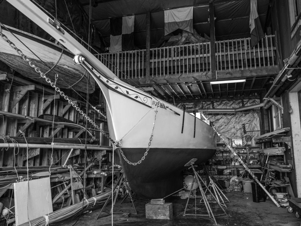 Black & White image Drydocked Sailboat