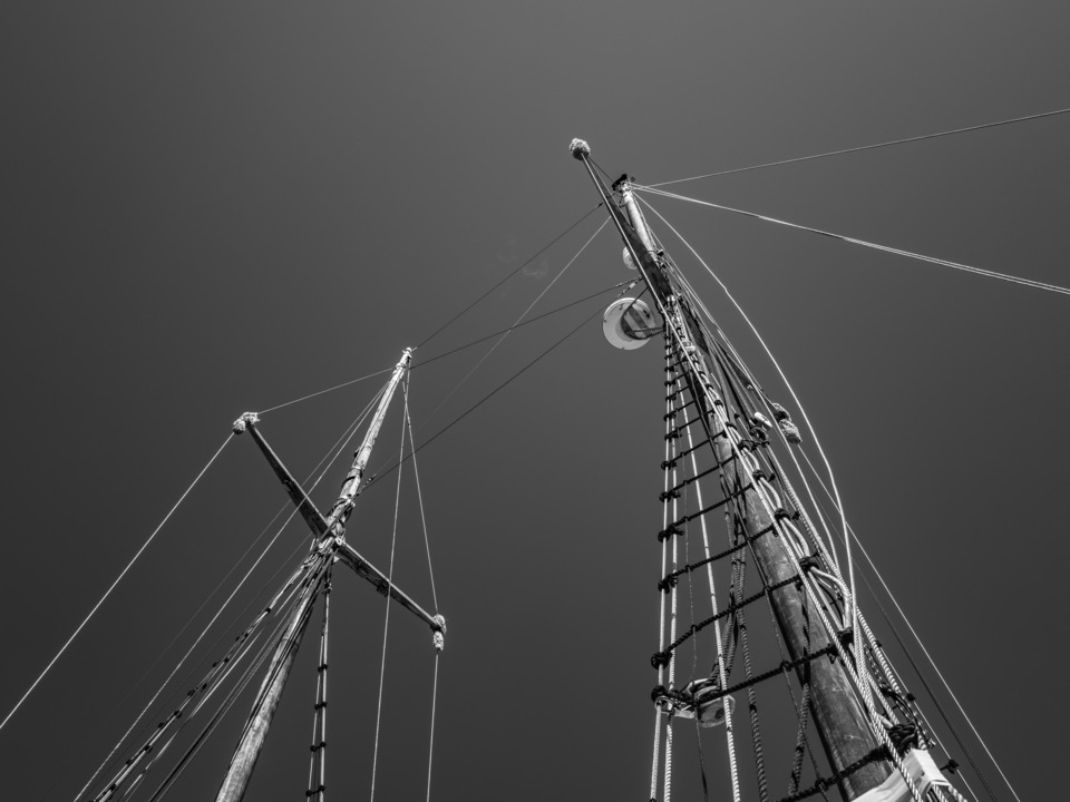 B & W of the Dual Mast and Rigging on a Yacht