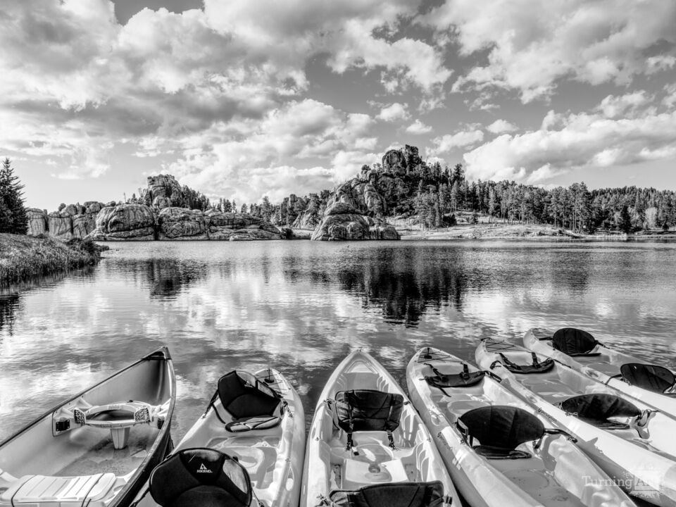 Sylvan Lake Boats And Reflections Grayscale
