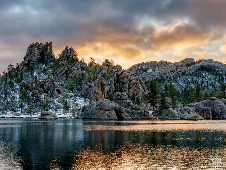 Sylvan Lake Sunrise Over Snow Dusted Granite