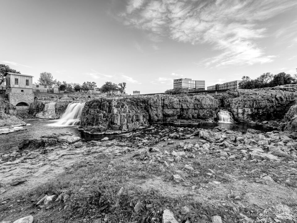 Evening At Falls Park Sioux Falls SD Grayscale