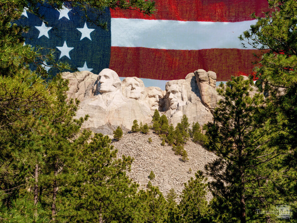 Mount Rushmore Framed By Trees USA Flag