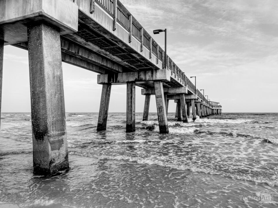 Gulf State Park Pier Splashing Waves Grayscale