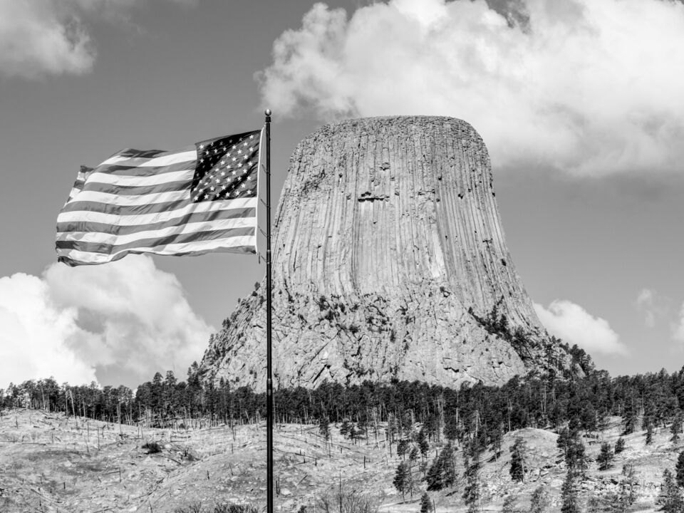American Flag By Devils Tower Grayscale