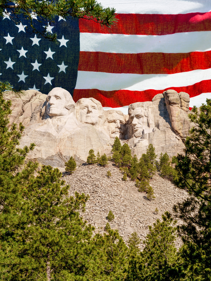 Mount Rushmore Framed By Trees Flag Vertical