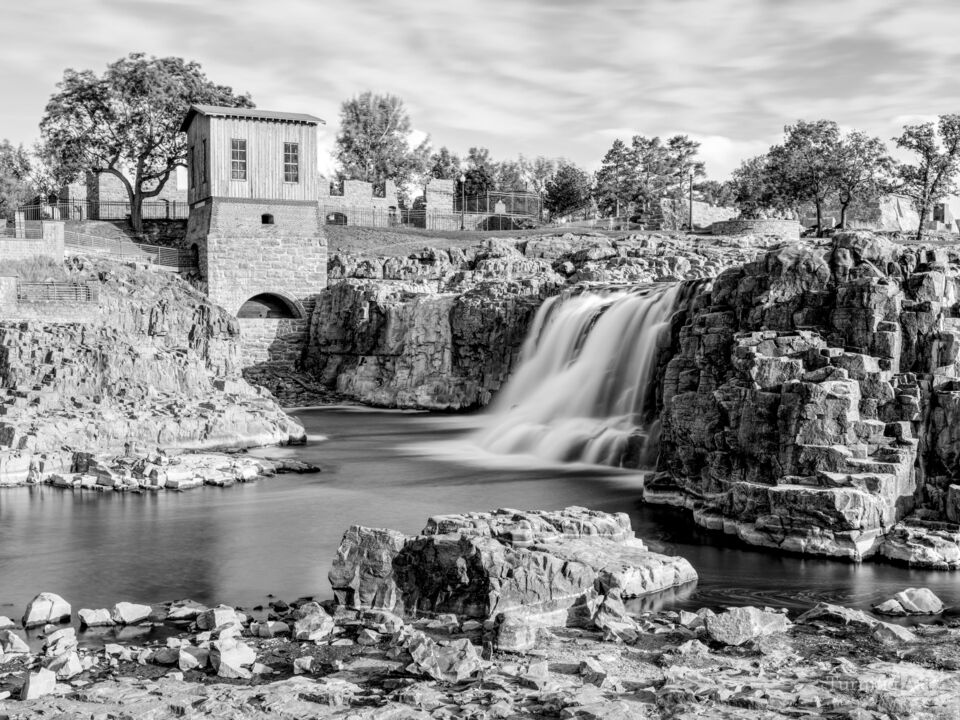 Falls Park Turbine House Waterfall Grayscale