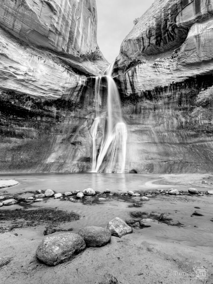 Towering Lower Calf Creek Falls Vertical Grayscale