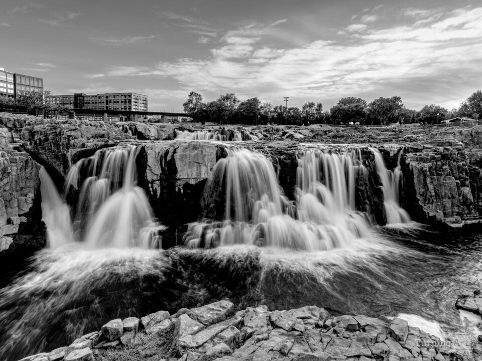 Sioux Falls Waterfall Sunset Grayscale