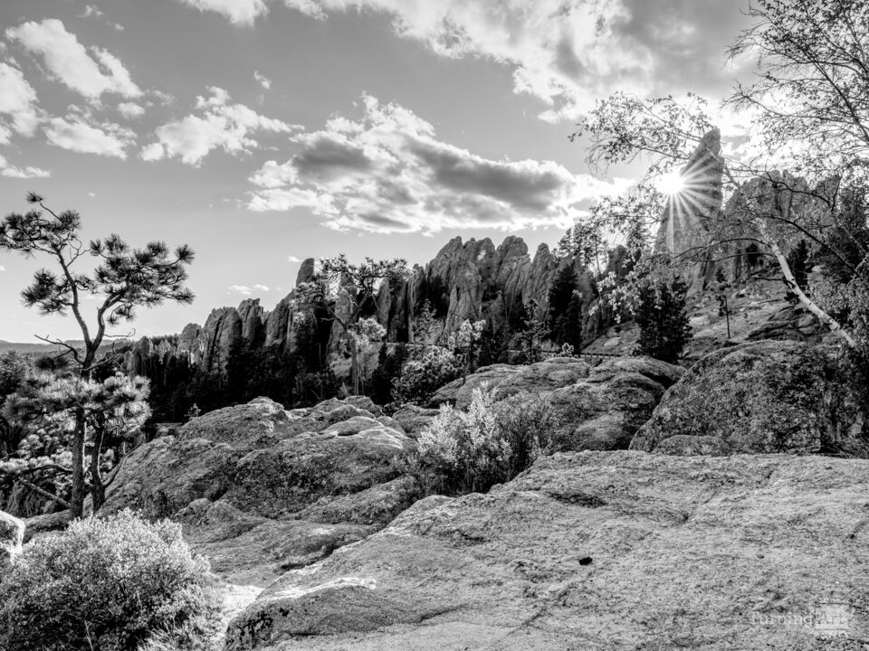 Needles Highway Sunset Sun Star Grayscale