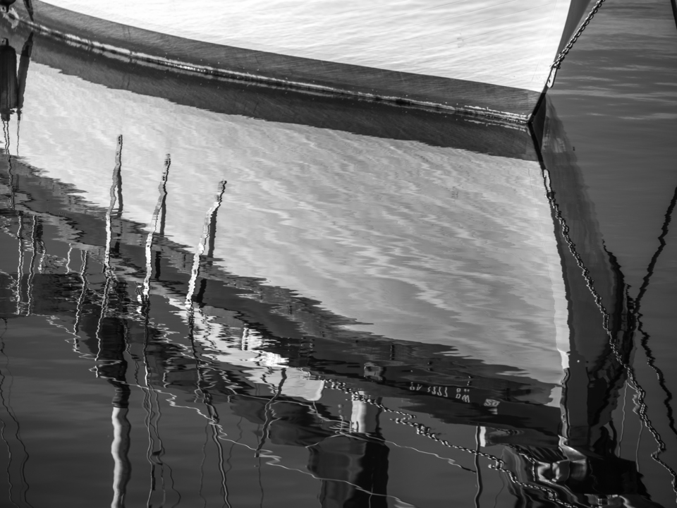 Reflections of a Moored Boat - Black and White 