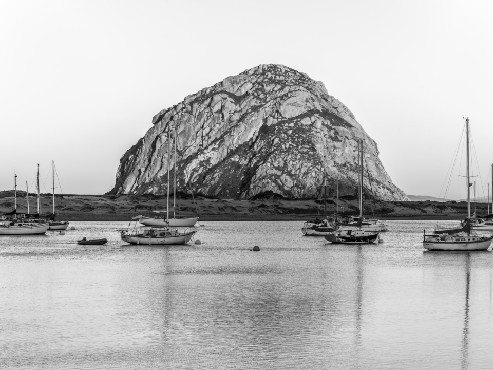 Morro Rock with Moored Sailboats Monochrome 